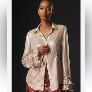NWTretail$128 sizeS #MAEVE Gillian liquid shine flounce button down gold blouse.